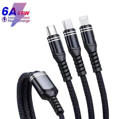 XJ-78 66W 6A 3 in 1 USB to 8 Pin + Type-C + Micro USB Super Flash Charging Cable, Length: 1.2m(Black) - Multifunction Cable by PMC Jewellery | Online Shopping South Africa | PMC Jewellery | Buy Now Pay Later Mobicred