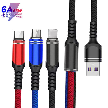 XJ-78 66W 6A 3 in 1 USB to 8 Pin + Type-C + Micro USB Super Flash Charging Cable, Length: 1.2m(Colour) - Multifunction Cable by PMC Jewellery | Online Shopping South Africa | PMC Jewellery | Buy Now Pay Later Mobicred