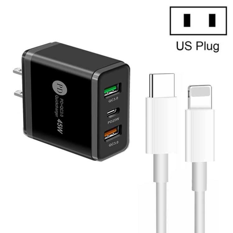 45W PD3.0 + 2 x QC3.0 USB Multi Port Charger with Type-C to 8 Pin Cable, US Plug(Black) - USB Charger by PMC Jewellery | Online Shopping South Africa | PMC Jewellery | Buy Now Pay Later Mobicred