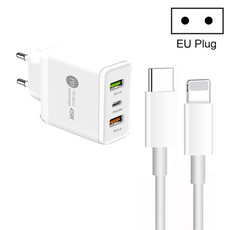 45W PD3.0 + 2 x QC3.0 USB Multi Port Charger with Type-C to 8 Pin Cable, EU Plug(White) - USB Charger by PMC Jewellery | Online Shopping South Africa | PMC Jewellery | Buy Now Pay Later Mobicred