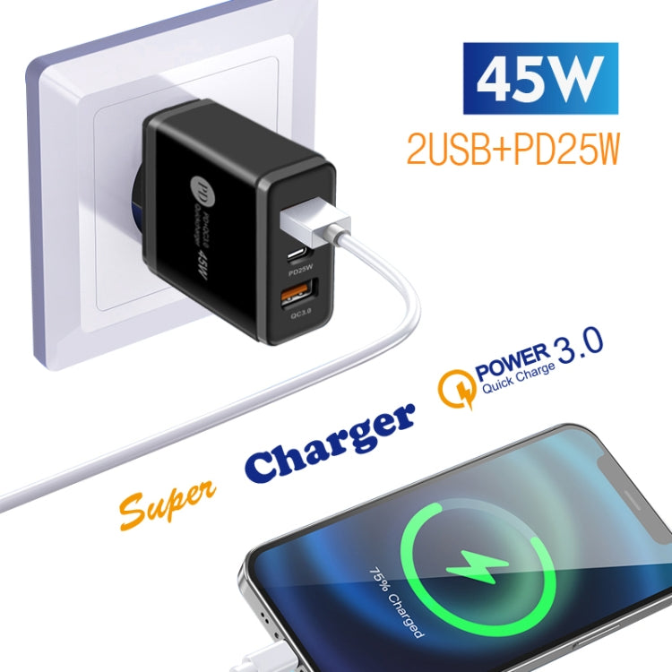 45W PD3.0 + 2 x QC3.0 USB Multi Port Charger with Type-C to 8 Pin Cable, UK Plug(Black) - USB Charger by PMC Jewellery | Online Shopping South Africa | PMC Jewellery | Buy Now Pay Later Mobicred