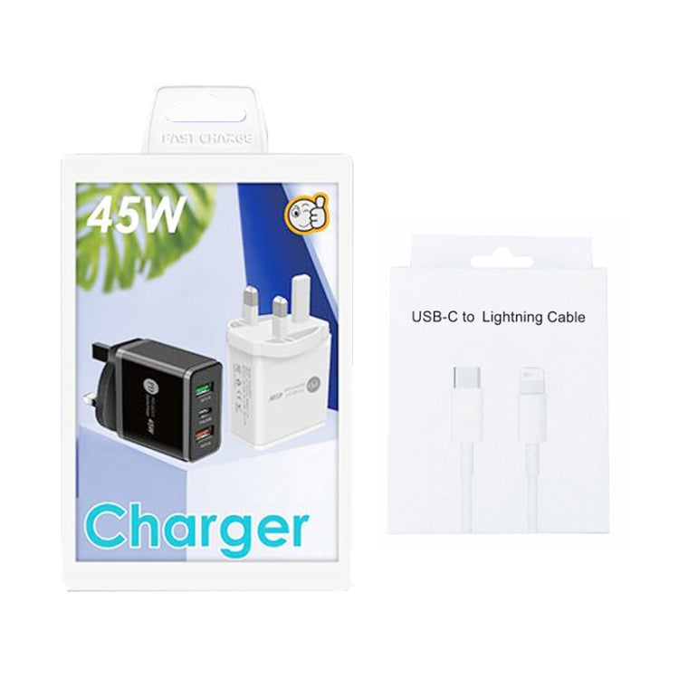 45W PD3.0 + 2 x QC3.0 USB Multi Port Charger with Type-C to 8 Pin Cable, UK Plug(Black) - USB Charger by PMC Jewellery | Online Shopping South Africa | PMC Jewellery | Buy Now Pay Later Mobicred