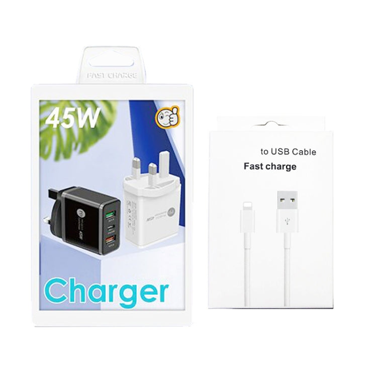 45W PD25W + 2 x QC3.0 USB Multi Port Charger with USB to 8 Pin Cable, UK Plug(White) - USB Charger by PMC Jewellery | Online Shopping South Africa | PMC Jewellery | Buy Now Pay Later Mobicred