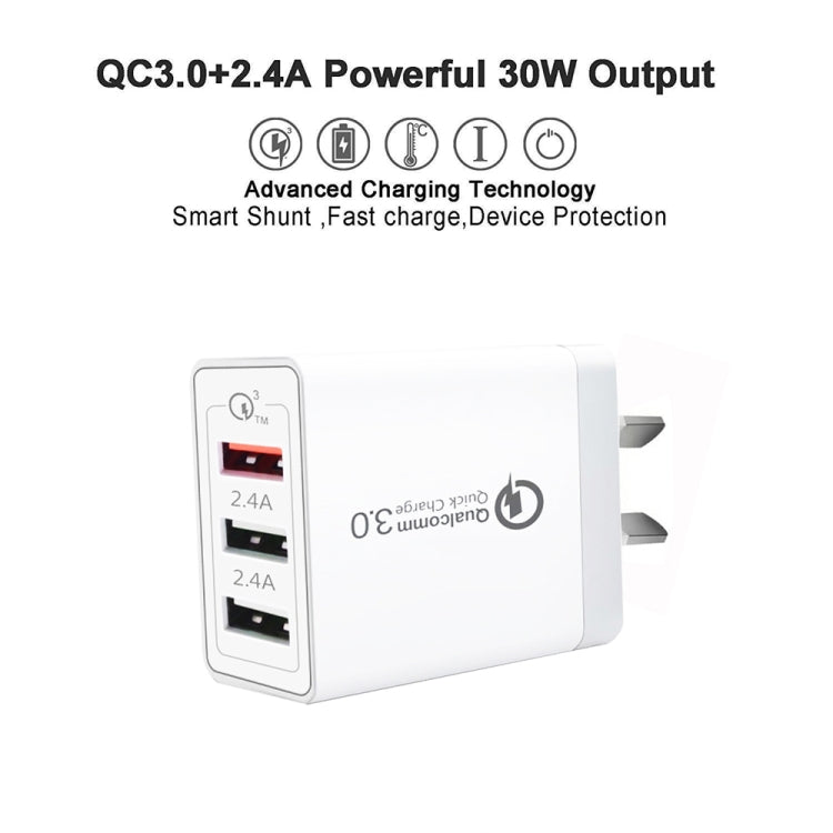 SDC-30W QC3.0 USB + 2 x USB2.0 Port Quick Charger with USB to 8 Pin Cable, AU Plug - USB Charger by PMC Jewellery | Online Shopping South Africa | PMC Jewellery | Buy Now Pay Later Mobicred