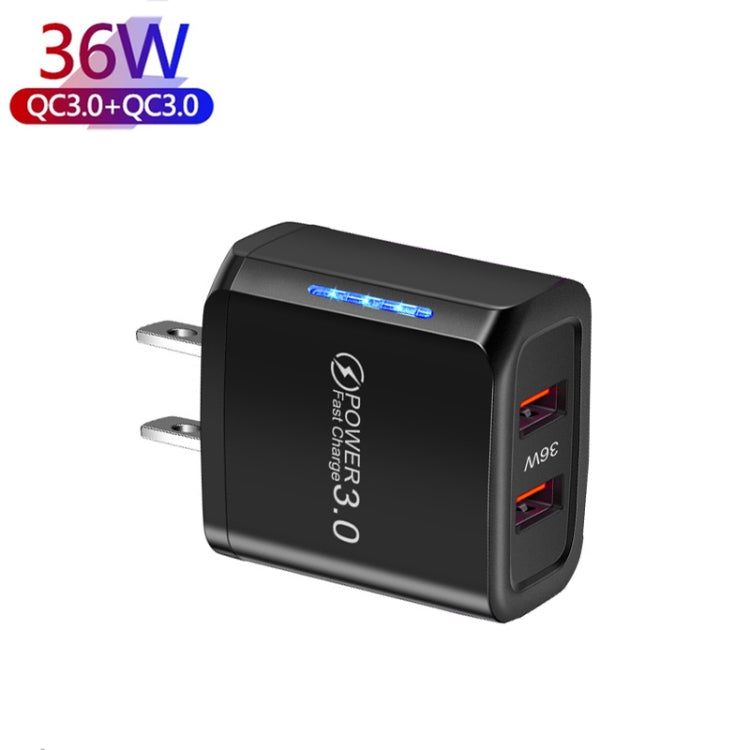 36W Dual Port QC3.0 USB Mobile Phone Charger Dual 18W Output, US Plug(Black) - USB Charger by PMC Jewellery | Online Shopping South Africa | PMC Jewellery | Buy Now Pay Later Mobicred