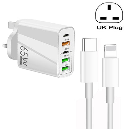 65W Dual PD Type-C + 3 x USB Multi Port Charger with 3A Type-C to 8 Pin Data Cable, UK Plug(White) - USB Charger by PMC Jewellery | Online Shopping South Africa | PMC Jewellery | Buy Now Pay Later Mobicred