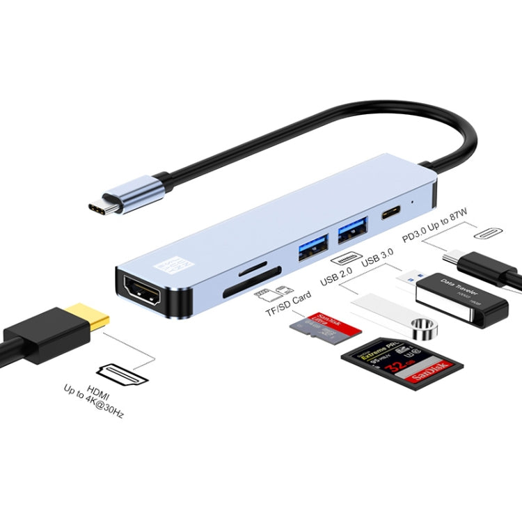 JUNSUNMAY 6 in 1 Type-C to 4K HDMI Docking Station Adapter USB-C PD Quick Charge Hub SD/TF Card Reader - USB HUB by JUNSUNMAY | Online Shopping South Africa | PMC Jewellery | Buy Now Pay Later Mobicred