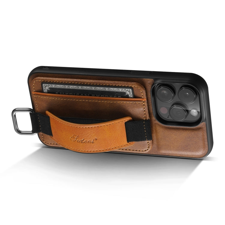 For iPhone 14 Pro Max Suteni H13 Card Wallet Wrist Strap Holder PU Phone Case(Brown) - iPhone 14 Pro Max Cases by Suteni | Online Shopping South Africa | PMC Jewellery