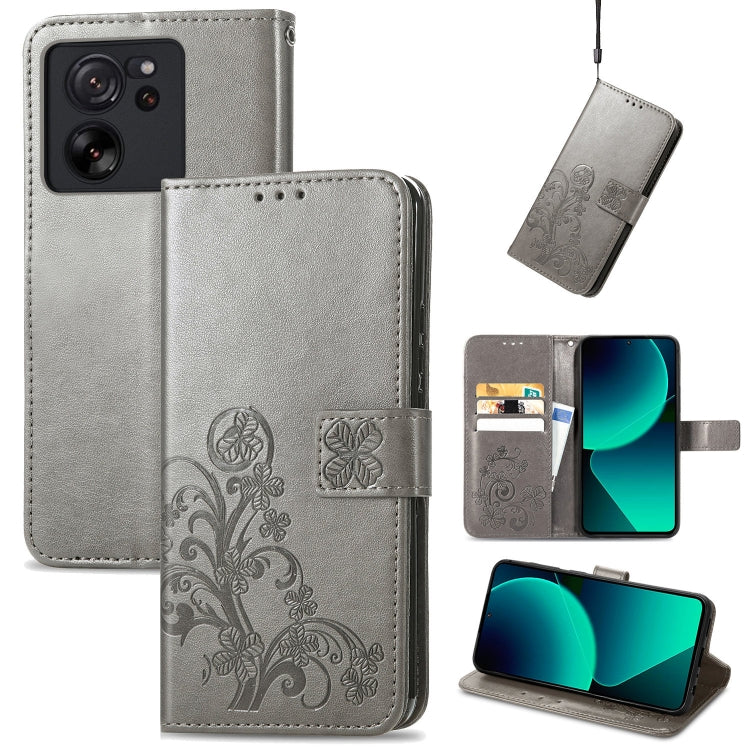 For Xiaomi 13T / 13T Pro Four-leaf Clasp Embossed Leather Phone Case(Gray) - Xiaomi Cases by PMC Jewellery | Online Shopping South Africa | PMC Jewellery | Buy Now Pay Later Mobicred