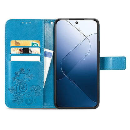 For Xiaomi 14 Four-leaf Clasp Embossed Leather Phone Case(Blue) - 14 Cases by PMC Jewellery | Online Shopping South Africa | PMC Jewellery | Buy Now Pay Later Mobicred