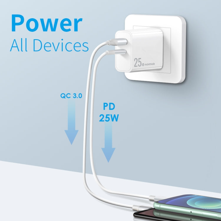 NORTHJO NOPD2502 PD 25W USB-C/Type-C + QC 3.0 USB Dual Ports Fast Charger, Plug Type:AU Plug(White) - USB Charger by NORTHJO | Online Shopping South Africa | PMC Jewellery | Buy Now Pay Later Mobicred