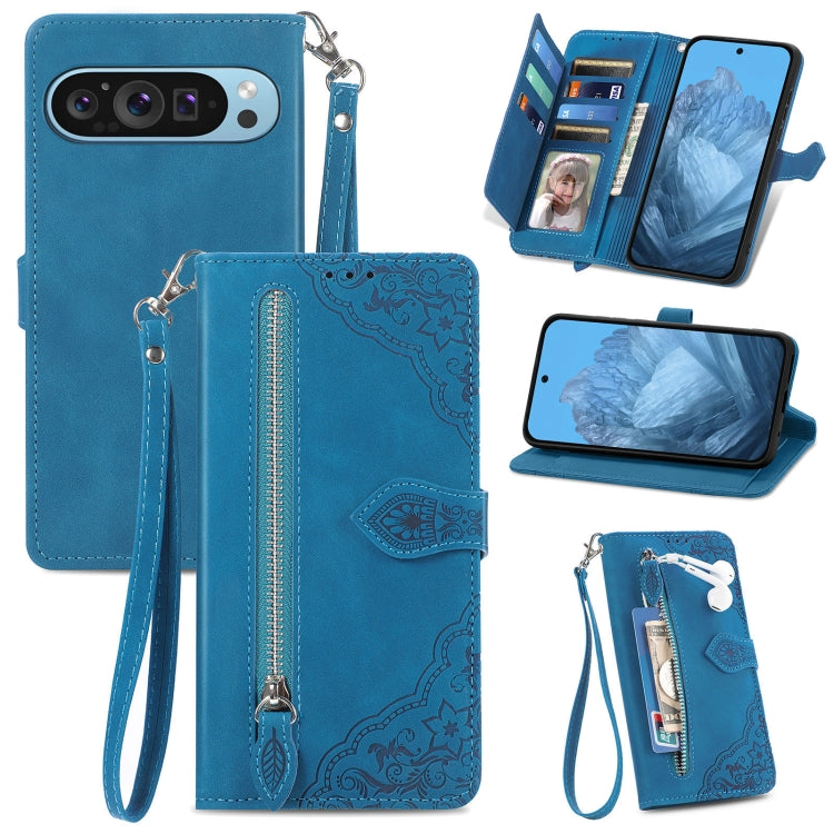 For Google Pixel 9 Embossed Flower Zipper Leather Phone Case(Blue) - Google Cases by PMC Jewellery | Online Shopping South Africa | PMC Jewellery | Buy Now Pay Later Mobicred