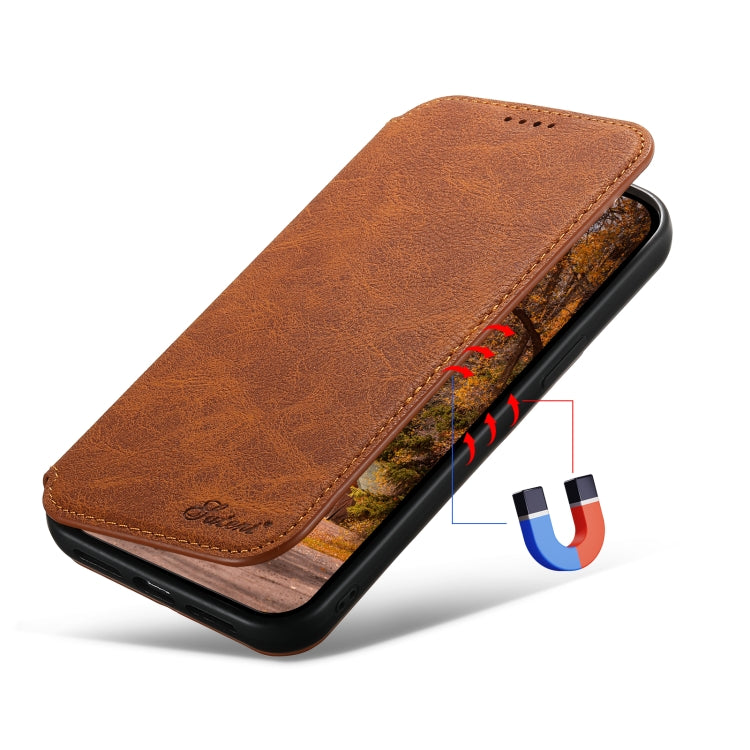 For iPhone 14 Pro Suteni J06 Retro Matte Litchi Texture Leather Magnetic Magsafe Phone Case(Khaki) - iPhone 14 Pro Cases by Suteni | Online Shopping South Africa | PMC Jewellery | Buy Now Pay Later Mobicred