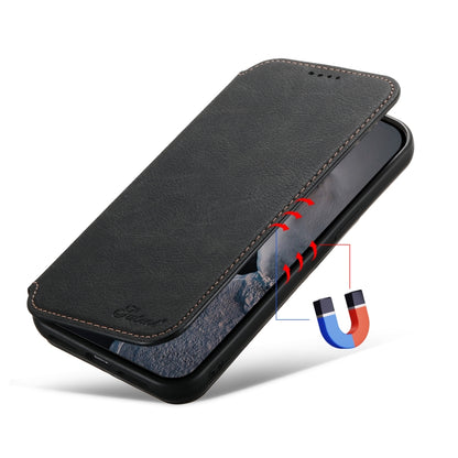 For iPhone 14 Plus Suteni J06 Retro Matte Litchi Texture Leather Magnetic Magsafe Phone Case(Black) - iPhone 14 Plus Cases by Suteni | Online Shopping South Africa | PMC Jewellery | Buy Now Pay Later Mobicred