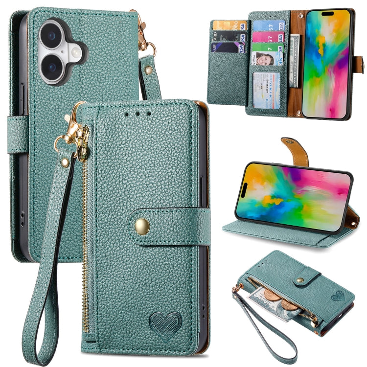 For iPhone 16 Plus Love Zipper Lanyard Leather Phone Case(Green) - iPhone 16 Plus Cases by PMC Jewellery | Online Shopping South Africa | PMC Jewellery | Buy Now Pay Later Mobicred