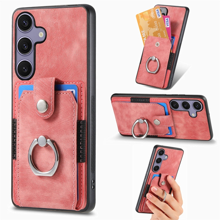 For Samsung Galaxy S25 5G Retro Skin-feel Ring Card Wallet Phone Case(Pink) - Galaxy S25 5G Cases by PMC Jewellery | Online Shopping South Africa | PMC Jewellery | Buy Now Pay Later Mobicred