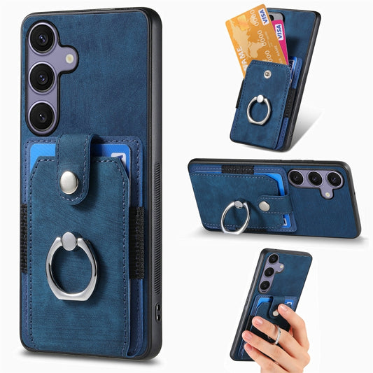 For Samsung Galaxy S25+ 5G Retro Skin-feel Ring Card Wallet Phone Case(Blue) - Galaxy S25+ 5G Cases by PMC Jewellery | Online Shopping South Africa | PMC Jewellery | Buy Now Pay Later Mobicred