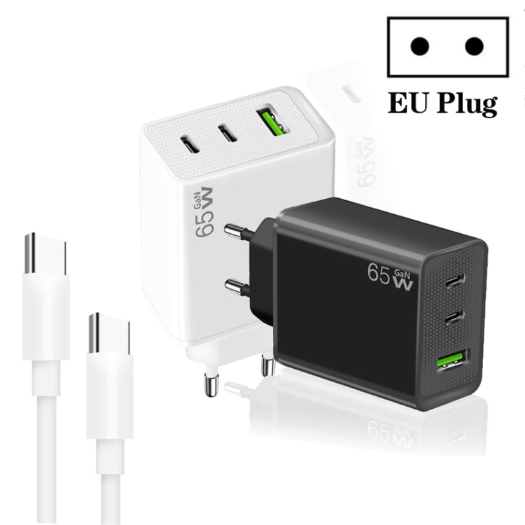 GaN PD65W Type-C x 2 + USB3.0 Charger with Type-C to Type-C Data Cable ,EU Plug(White) - USB Charger by PMC Jewellery | Online Shopping South Africa | PMC Jewellery | Buy Now Pay Later Mobicred