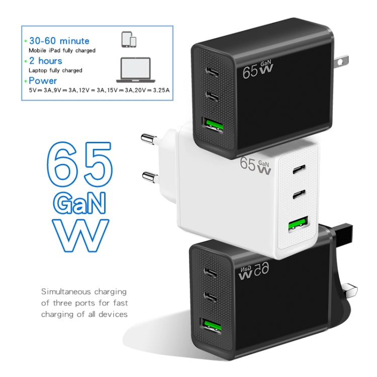 GaN PD65W Type-C x 2 + USB3.0 Charger with Type-C to Type-C Data Cable ,EU Plug(Black) - USB Charger by PMC Jewellery | Online Shopping South Africa | PMC Jewellery | Buy Now Pay Later Mobicred