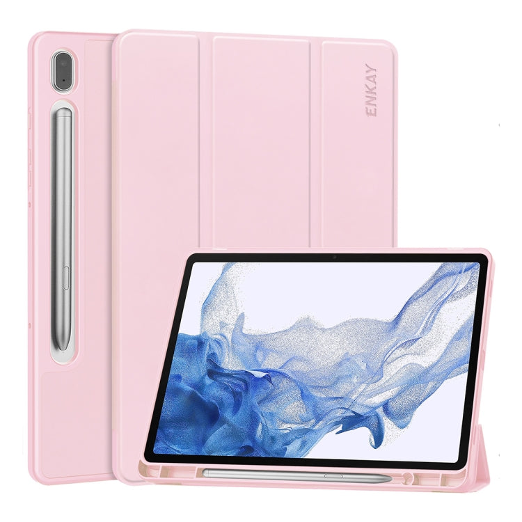 For Samsung Galaxy Tab S9 ENKAY Tri-fold Custer Leather TPU Bottom Smart Case with Pen Slot(Pink) - Galaxy Tab S9 Cases by ENKAY | Online Shopping South Africa | PMC Jewellery | Buy Now Pay Later Mobicred