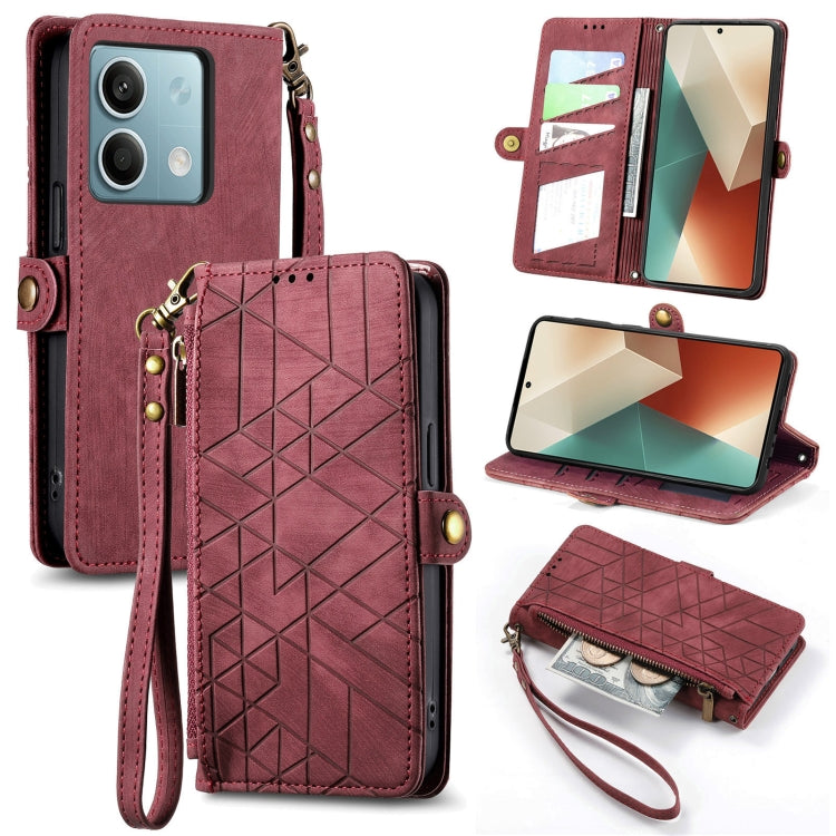 For Redmi Note 13 4G Geometric Zipper Wallet Side Buckle Leather Phone Case(Red) - Note 13 Cases by PMC Jewellery | Online Shopping South Africa | PMC Jewellery | Buy Now Pay Later Mobicred