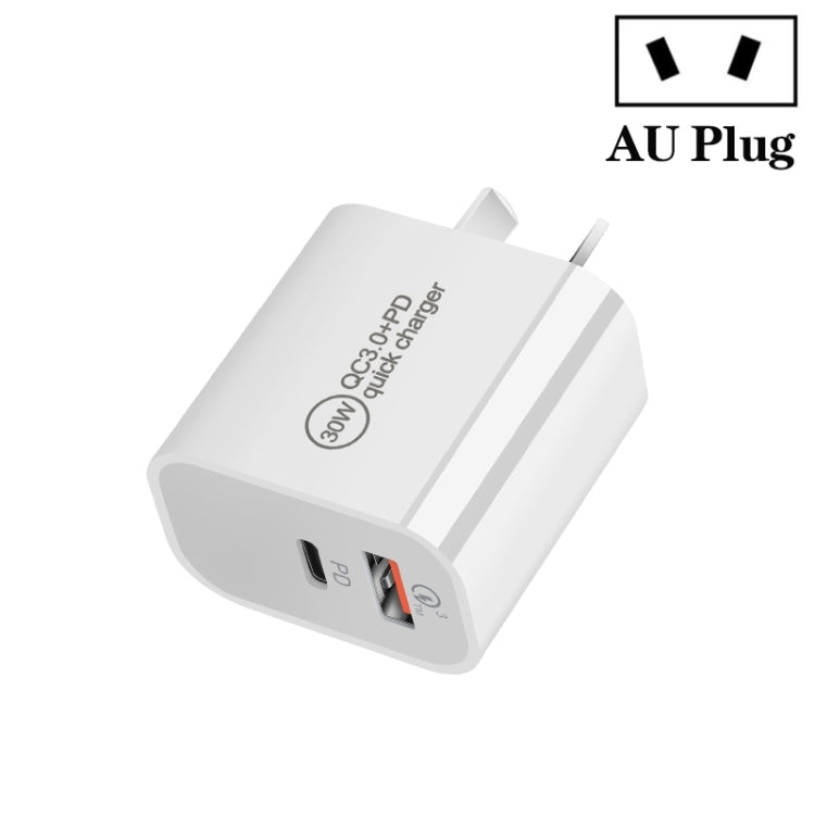 [HK Warehouse] PD30W USB-C / Type-C + QC3.0 USB Dual Port Charger, AU Plug - USB Charger by PMC Jewellery | Online Shopping South Africa | PMC Jewellery