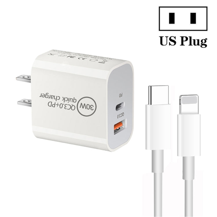 PD30W USB-C / Type-C + QC3.0 USB Dual Port Charger with 1m Type-C to 8 Pin Data Cable, US Plug - USB Charger by PMC Jewellery | Online Shopping South Africa | PMC Jewellery | Buy Now Pay Later Mobicred