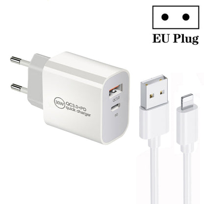 PD30W USB-C / Type-C + QC3.0 USB Dual Port Charger with 1m USB to 8 Pin Data Cable, EU Plug - USB Charger by PMC Jewellery | Online Shopping South Africa | PMC Jewellery | Buy Now Pay Later Mobicred