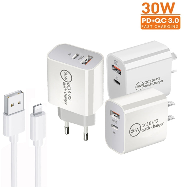 PD30W USB-C / Type-C + QC3.0 USB Dual Port Charger with 1m USB to 8 Pin Data Cable, US Plug - USB Charger by PMC Jewellery | Online Shopping South Africa | PMC Jewellery | Buy Now Pay Later Mobicred