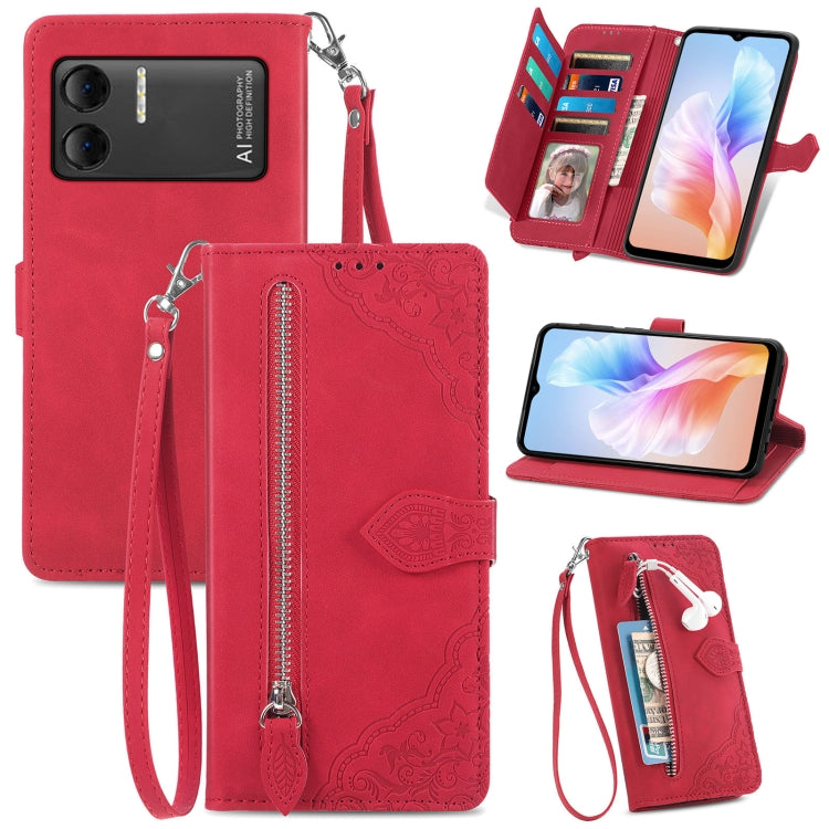 For DOOGEE X98 Pro / X98 Embossed Flower Zipper Leather Phone Case(Red) - Doogee Cases by PMC Jewellery | Online Shopping South Africa | PMC Jewellery | Buy Now Pay Later Mobicred