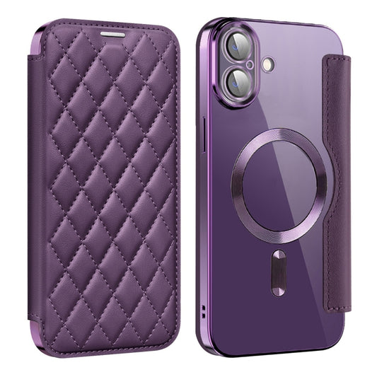 For iPhone 16 Shield Magsafe RFID Anti-theft Rhombus Leather Phone Case(Purple) - iPhone 16 Cases by PMC Jewellery | Online Shopping South Africa | PMC Jewellery | Buy Now Pay Later Mobicred