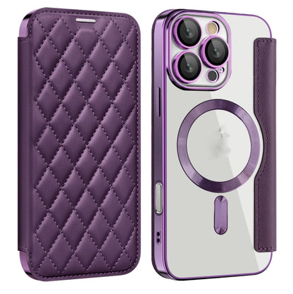 For iPhone 16 Pro Shield Magsafe RFID Anti-theft Rhombus Leather Phone Case(Purple) - iPhone 16 Pro Cases by PMC Jewellery | Online Shopping South Africa | PMC Jewellery | Buy Now Pay Later Mobicred