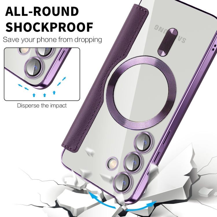 For Samsung Galaxy S25 5G Shield MagSafe RFID Anti-theft Rhombus Leather Phone Case(Purple) - Galaxy S25 5G Cases by PMC Jewellery | Online Shopping South Africa | PMC Jewellery | Buy Now Pay Later Mobicred