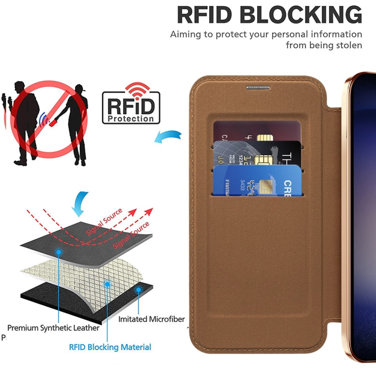 For Samsung Galaxy S25 5G Shield MagSafe RFID Anti-theft Rhombus Leather Phone Case(Brown) - Galaxy S25 5G Cases by PMC Jewellery | Online Shopping South Africa | PMC Jewellery | Buy Now Pay Later Mobicred