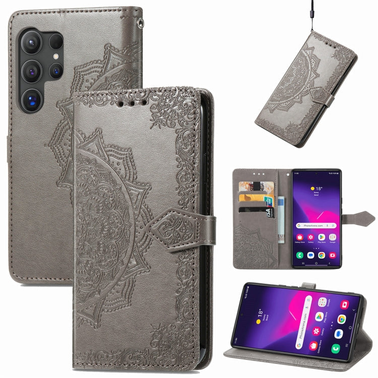 For Samsung Galaxy S25 Ultra 5G Mandala Flower Embossed Leather Phone Case(Gray) - Galaxy S25 Ultra 5G Cases by PMC Jewellery | Online Shopping South Africa | PMC Jewellery | Buy Now Pay Later Mobicred