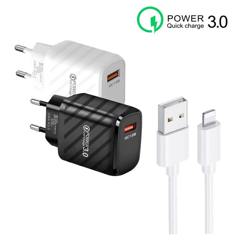 TE-005 QC3.0 18W USB Fast Charger with 1m 3A USB to 8 Pin Cable, EU Plug(Black) - USB Charger by PMC Jewellery | Online Shopping South Africa | PMC Jewellery | Buy Now Pay Later Mobicred