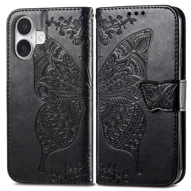 For iPhone 16 Plus Butterfly Love Flower Embossed Leather Phone Case(Black) - iPhone 16 Plus Cases by PMC Jewellery | Online Shopping South Africa | PMC Jewellery | Buy Now Pay Later Mobicred