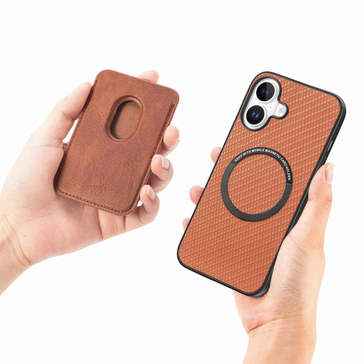 For iPhone 16 Carbon Fiber Leather Card Magsafe Phone Case(Brown) - iPhone 16 Cases by PMC Jewellery | Online Shopping South Africa | PMC Jewellery | Buy Now Pay Later Mobicred