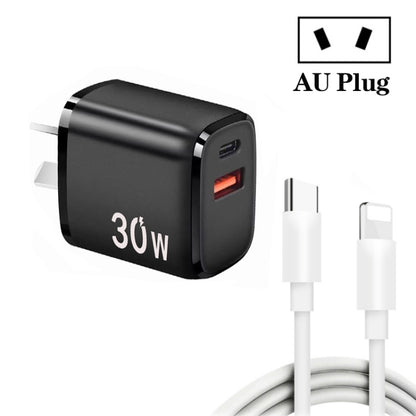 PD30W USB-C / Type-C + QC3.0 USB Charger with 1m Type-C to 8 Pin Data Cable, AU Plug(Black) - USB Charger by PMC Jewellery | Online Shopping South Africa | PMC Jewellery | Buy Now Pay Later Mobicred