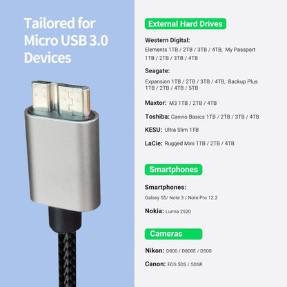 JUNSUNMAY USB 3.0 Male to Micro-B Cord Cable Compatible with Samsung Camera Hard Drive, Length:0.3m - USB Cable by JUNSUNMAY | Online Shopping South Africa | PMC Jewellery | Buy Now Pay Later Mobicred