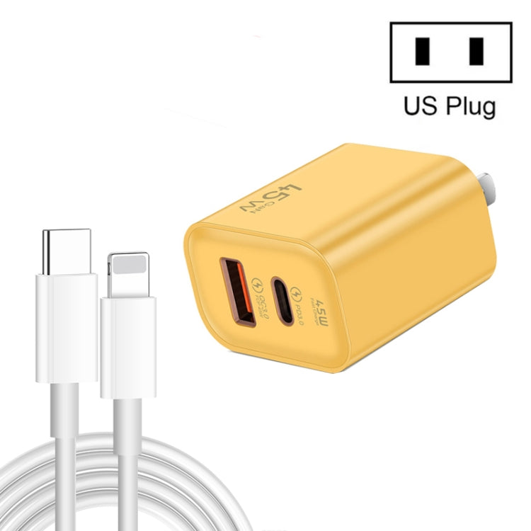 45PQ 45W PD25W + QC3.0 20W USB Super Fast Charger with Type-C to 8 Pin Cable, US Plug(Yellow) - USB Charger by PMC Jewellery | Online Shopping South Africa | PMC Jewellery | Buy Now Pay Later Mobicred