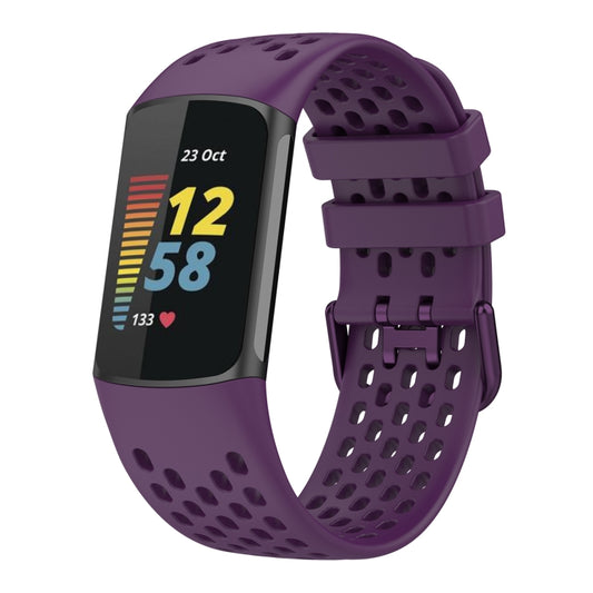 For Fitbit Charge 5 Solid Color Breathable Sports Silicone Watch Band(Dark Purple) - Watch Bands by PMC Jewellery | Online Shopping South Africa | PMC Jewellery | Buy Now Pay Later Mobicred