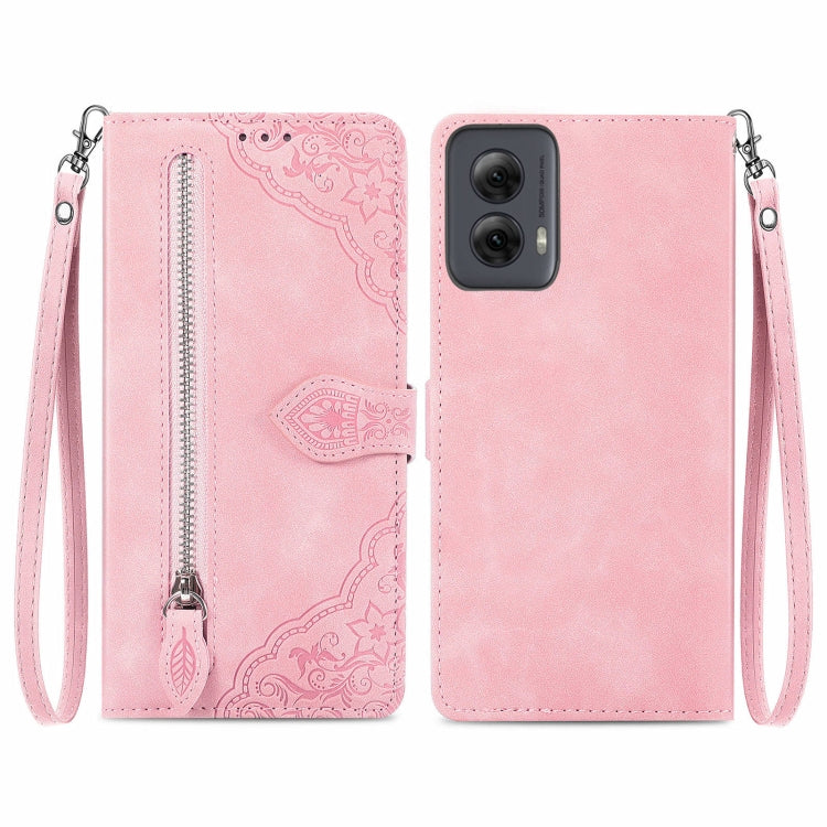 For Motorola Moto G Power 5G 2024 Embossed Flower Zipper Leather Phone Case(Pink) - Motorola Cases by PMC Jewellery | Online Shopping South Africa | PMC Jewellery | Buy Now Pay Later Mobicred