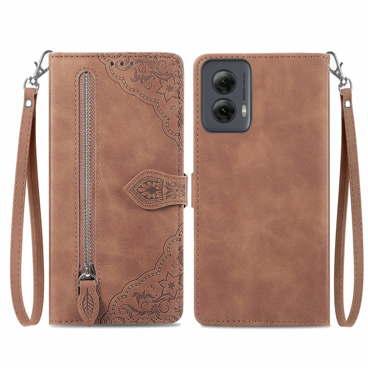 For Motorola Moto G Power 5G 2024 Embossed Flower Zipper Leather Phone Case(Brown) - Motorola Cases by PMC Jewellery | Online Shopping South Africa | PMC Jewellery | Buy Now Pay Later Mobicred