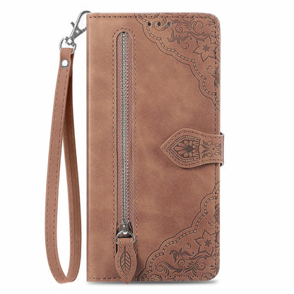 For Motorola Moto G Power 5G 2024 Embossed Flower Zipper Leather Phone Case(Brown) - Motorola Cases by PMC Jewellery | Online Shopping South Africa | PMC Jewellery | Buy Now Pay Later Mobicred