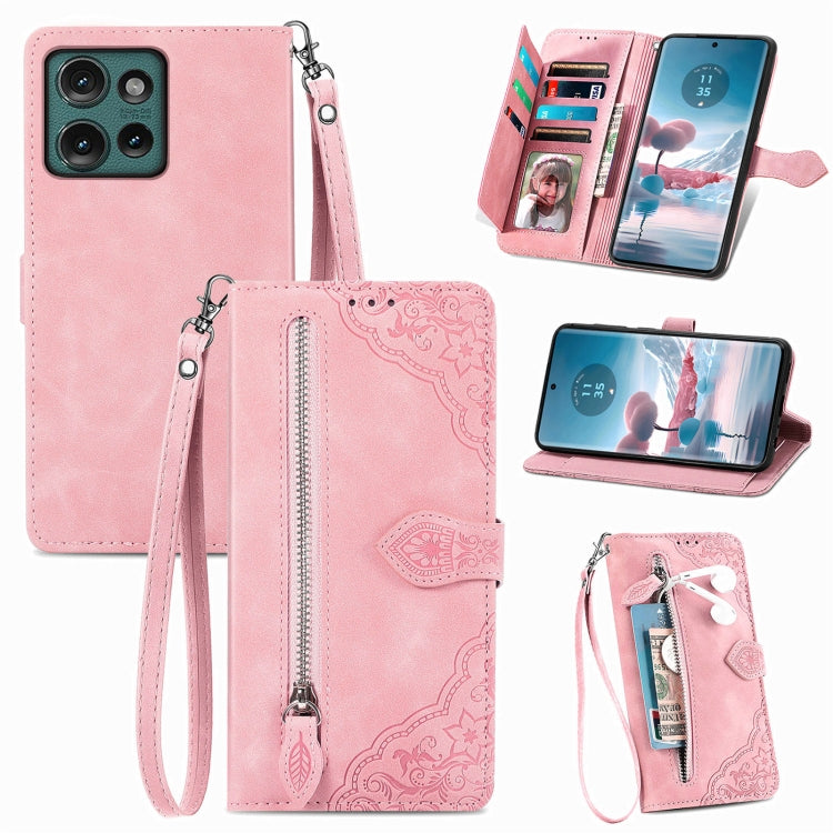 For Motorola Edge 2024 Embossed Flower Zipper Leather Phone Case(Pink) - Motorola Cases by PMC Jewellery | Online Shopping South Africa | PMC Jewellery | Buy Now Pay Later Mobicred