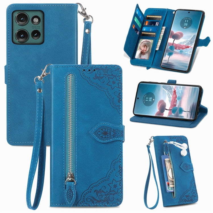 For Motorola Edge 2024 Embossed Flower Zipper Leather Phone Case(Blue) - Motorola Cases by PMC Jewellery | Online Shopping South Africa | PMC Jewellery | Buy Now Pay Later Mobicred