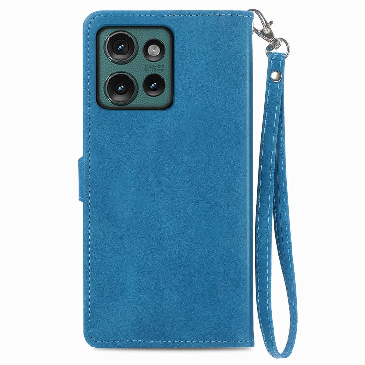 For Motorola Edge 2024 Embossed Flower Zipper Leather Phone Case(Blue) - Motorola Cases by PMC Jewellery | Online Shopping South Africa | PMC Jewellery | Buy Now Pay Later Mobicred