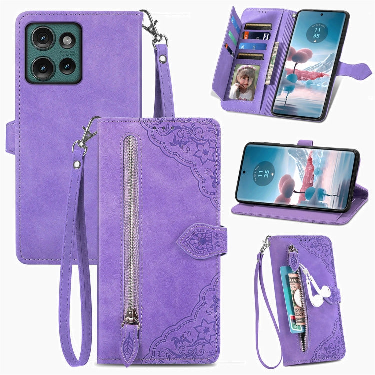 For Motorola Edge 2024 Embossed Flower Zipper Leather Phone Case(Purple) - Motorola Cases by PMC Jewellery | Online Shopping South Africa | PMC Jewellery | Buy Now Pay Later Mobicred