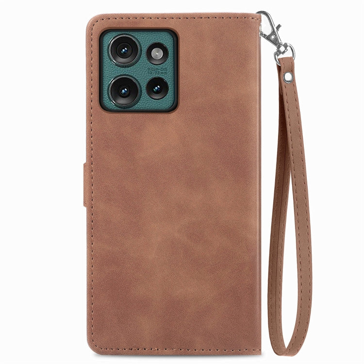 For Motorola Edge 2024 Embossed Flower Zipper Leather Phone Case(Brown) - Motorola Cases by PMC Jewellery | Online Shopping South Africa | PMC Jewellery | Buy Now Pay Later Mobicred